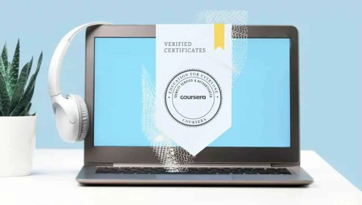 laptop and Coursera certificate