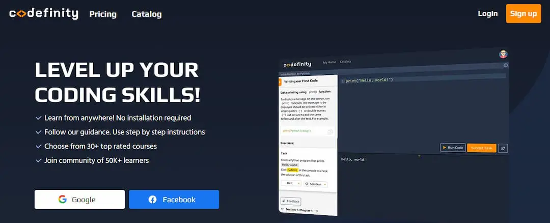 Codefinity learning platform homepage capture